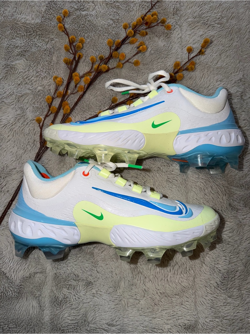 Nike Men’s Athletic Cleats — White, Light Green & Blue